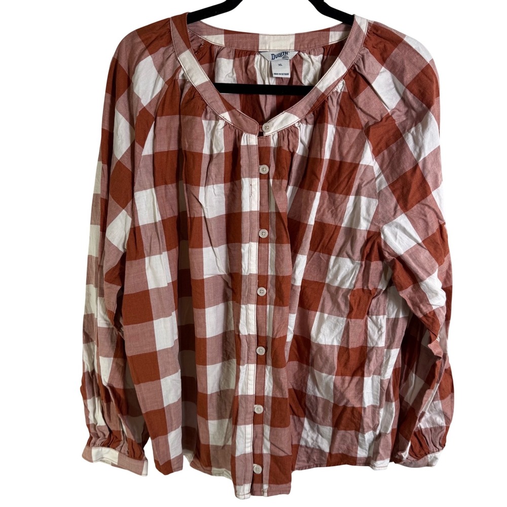 Duluth Trading Co Organic Cotton Gingham Button Down Top Orange White XL